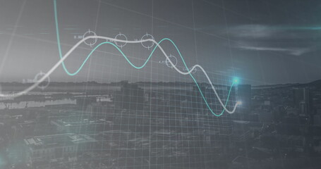 Projecting grid overlay with teal white trend lines and data markers over harbor cityscape at dusk