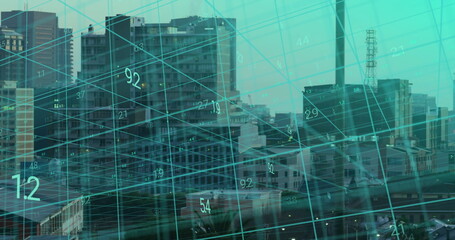 Displaying urban skyline under turquoise data grid overlay in downtown, with numeric values