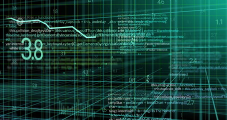 Visualizing abstract wireframe grid extending into virtual data space, with floating code snippets