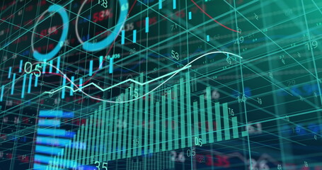 Displaying teal bar chart in dashboard showing numeric grid overlays, fluctuating line graph, rings © vectorfusionart