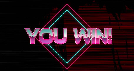 Displaying neon YOU WIN text over retro synthwave gaming interface, glowing cyan magenta diamond