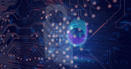 Displaying holographic fingerprint and padlock icon merging with circuitry in network, neon lines