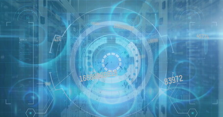 Holographic interface floating in data center corridor, racks with LEDs, numeric tags and hex icons