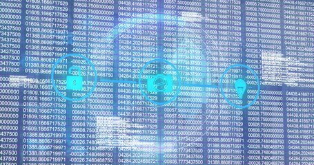 Displaying padlock, computer and location pin icons on horizontal line over data columns on screen
