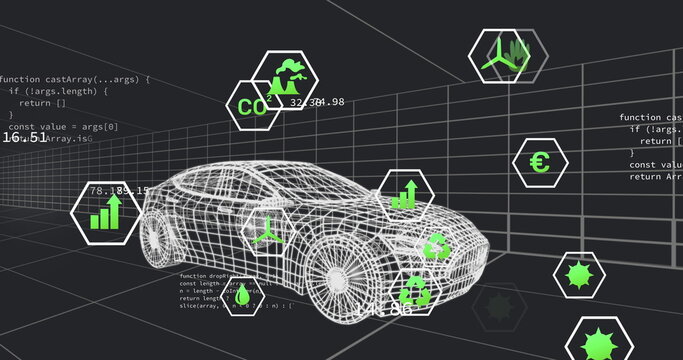 Fototapeta Displaying wireframe car model rotating in grid in virtual studio, showing floating hex icons, code