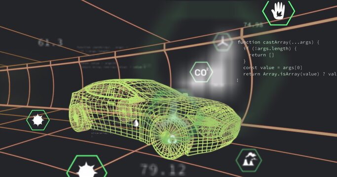 Displaying green wireframe sedan rotating inside orange grid chamber, with floating hexagon icons