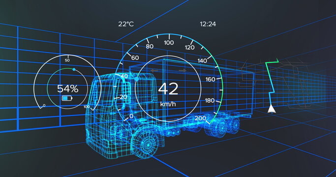Fototapeta Displaying wireframe cargo truck navigating blue grid simulation, with gauges clock and route arrow