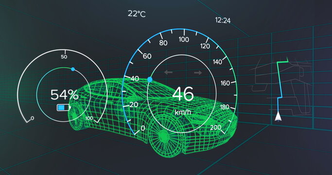 Fototapeta Displaying green wireframe car hovering in virtual grid space, with instrument cluster overlays