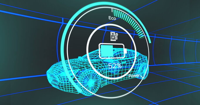 Rendering neon blue wireframe car driving through grid tunnel, showing 52% battery icon and Eco arc - Powered by Adobe