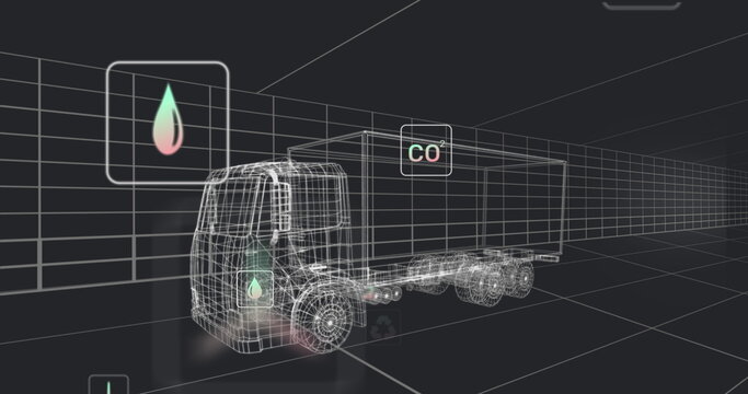 Fototapeta Displaying wireframe semi truck trailer in grid simulation, with floating fuel drop and CO2 icons
