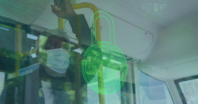 Standing commuter in suit and mask holding handrail on bus, with padlock overlay and COVID-19 sign