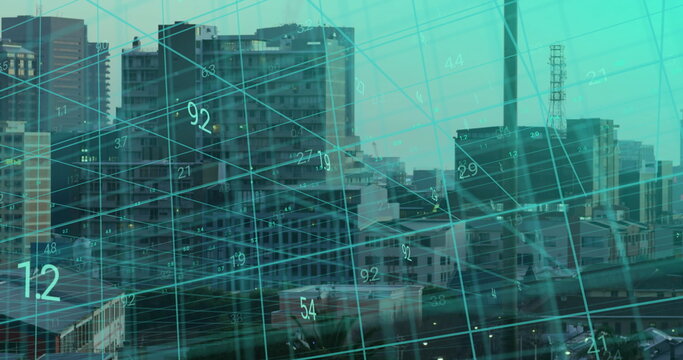 Displaying urban skyline under turquoise data grid overlay in downtown, with numeric values - Powered by Adobe
