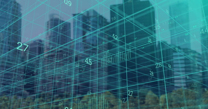 Displaying turquoise 3D grid over urban street with numeric labels above skyscrapers and trees