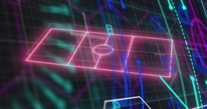 Neon pink soccer field outline floating in dark grid, with streaming teal and purple arrows - Powered by Adobe