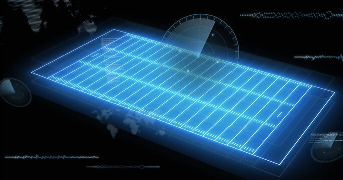 Floating American football field in sports analysis interface, with radar gauge and graphs
