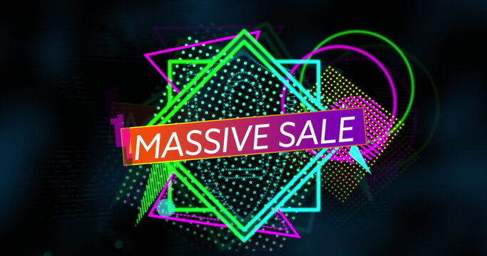 Glowing neon shapes and dot patterns shining around banner in digital ad, with MASSIVE SALE text