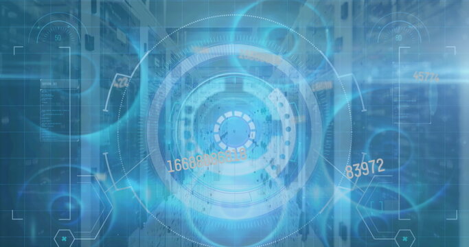 Holographic interface floating in data center corridor, racks with LEDs, numeric tags and hex icons - Powered by Adobe