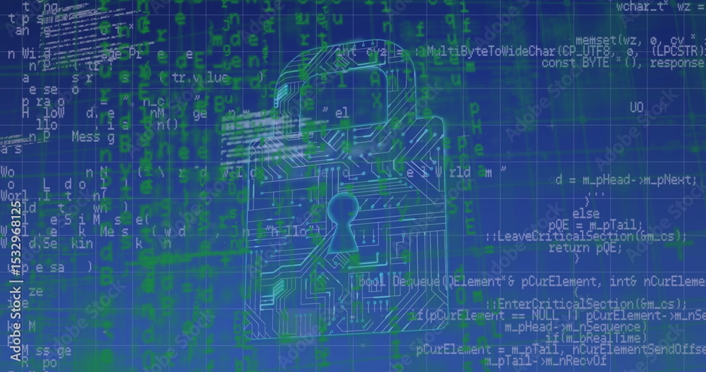 Poster displaying stylized padlock icon with keyhole on blue grid background, with floating code snippets