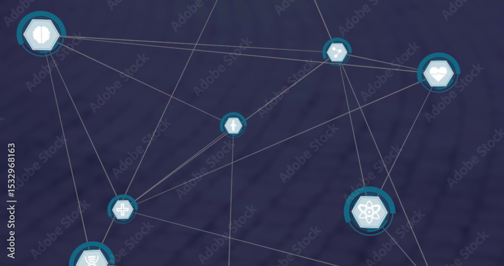 Poster displaying network extending on purple grid with hexagon science, health and navigation icons
