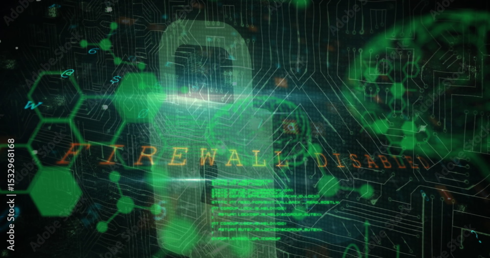 Poster Displaying security dashboard on screen, showing padlock icon with firewall disabled and code lines
