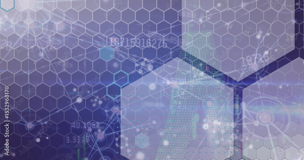 Poster Shifting translucent hexagonal grid morphing in virtual interface, futuristic data visualization