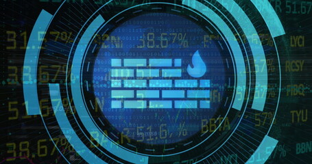 Displaying brick wall droplet icon in security interface with binary streams and alphanumeric codes