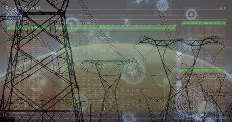 Extending lattice towers with power lines across corridor at dusk with data panels and HUD graphics