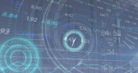Displaying dashboard showing centered gauge on dark grid, with side gauge metrics arrows and graph