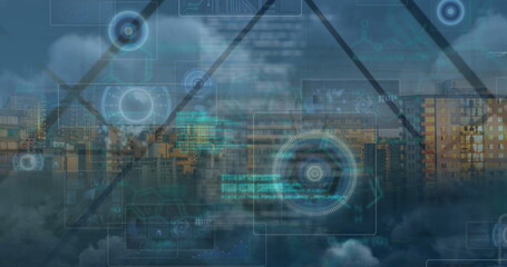 Displaying augmented city skyline at dusk, with circular data visualizations and digital readouts