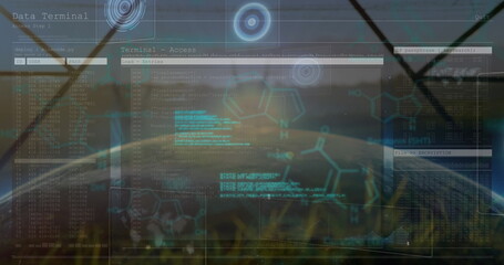 Displaying holographic terminal interface in grass field, showing code windows and HUD graphics