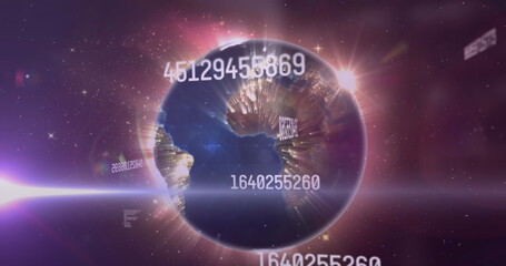 Orbiting digital Earth globe emitting numeric codes in outer space, with flares and sparkles