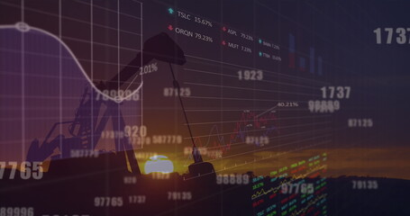 Showing pumpjack in oil field at sunset, with floating stock market charts and financial metrics