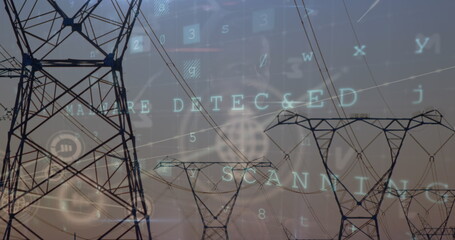 Showing high-voltage towers stretching across rural corridor at dusk with malware scanning overlays