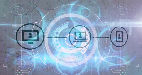 Displaying circular holographic interface in grid background with monitor, laptop, smartphone icons