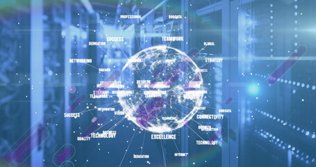 Projecting holographic network globe over server racks, cables in corridor, showing floating labels