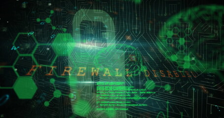 Displaying security dashboard on screen, showing padlock icon with firewall disabled and code lines