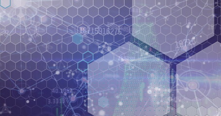 Shifting translucent hexagonal grid morphing in virtual interface, futuristic data visualization