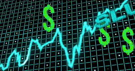 Neon cyan line graph fluctuating across trading interface grid, with neon green dollar sign icons