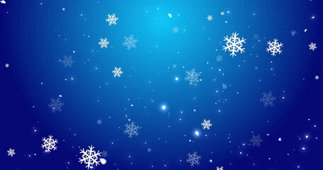 Gliding stylized white snowflakes creating depth in digital winter illustration, with crisp motion