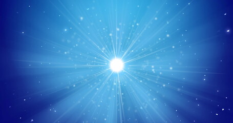 Fototapeta premium Radiating beams, bright white light burst shining in abstract scene, with blue gradient backdrop
