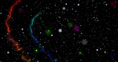 Swirling orange and cyan sparks rising through dark space, snowflakes, green purple orbs copy space