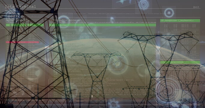 Extending lattice towers with power lines across corridor at dusk with data panels and HUD graphics - Powered by Adobe