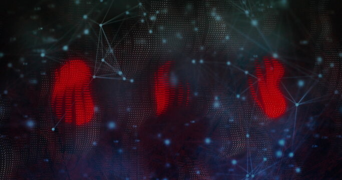 Floating red hand shapes hovering above dotted mesh in digital scene, with glowing blue nodes