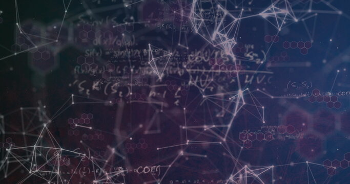 Displaying glowing nodes pulsing on connecting lines in data space, with equations, code, hexagons