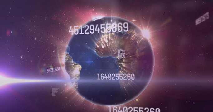 Orbiting digital Earth globe emitting numeric codes in outer space, with flares and sparkles - Powered by Adobe