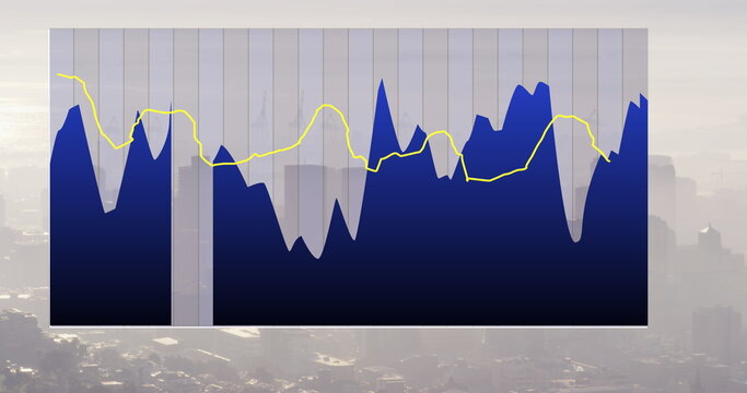 Displaying area and line chart over urban skyline, with dark blue graph, yellow line, interval bars - Powered by Adobe