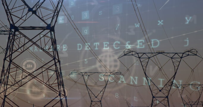 Showing high-voltage towers stretching across rural corridor at dusk with malware scanning overlays