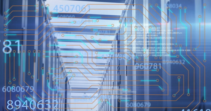 Container corridor in yard showing digital circuit overlay with steel beams, floating data strings