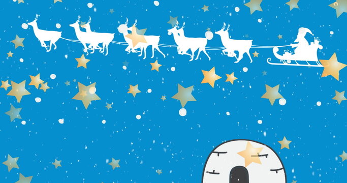 Gliding reindeer pulling Santa wearing hat in sleigh over arctic night sky, with igloo and stars