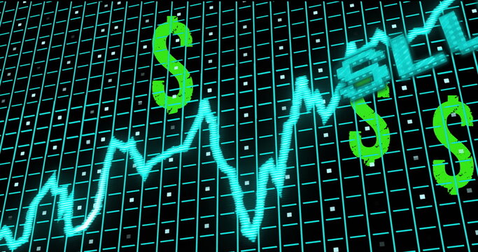 Neon cyan line graph fluctuating across trading interface grid, with neon green dollar sign icons - Powered by Adobe